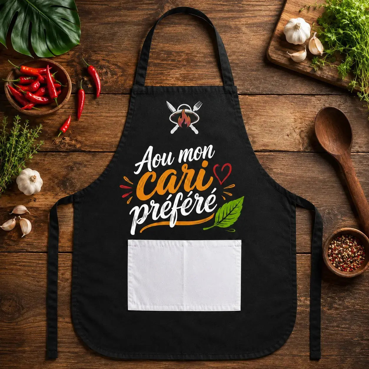 Tablier NDC — Aou mon cari préféré noir - flat lay cuisine créole
