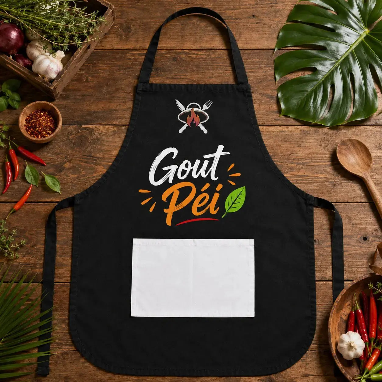 Tablier NDC — Goût Péi noir - flat lay cuisine créole