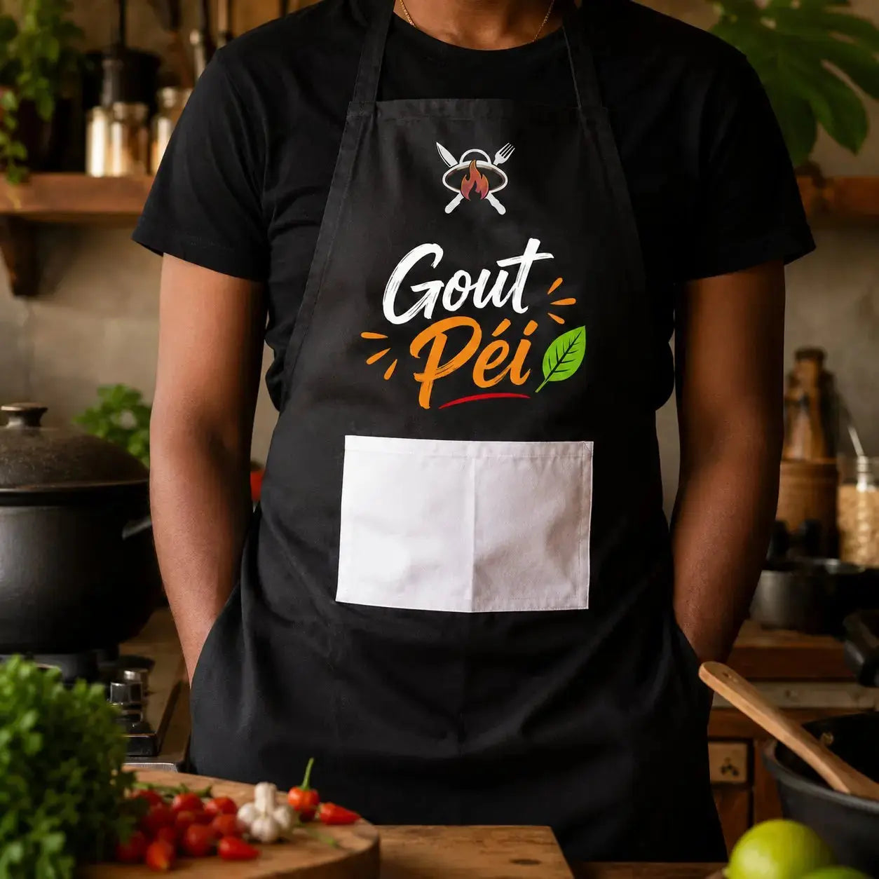 Tablier NDC — Goût Péi noir - lifestyle porté