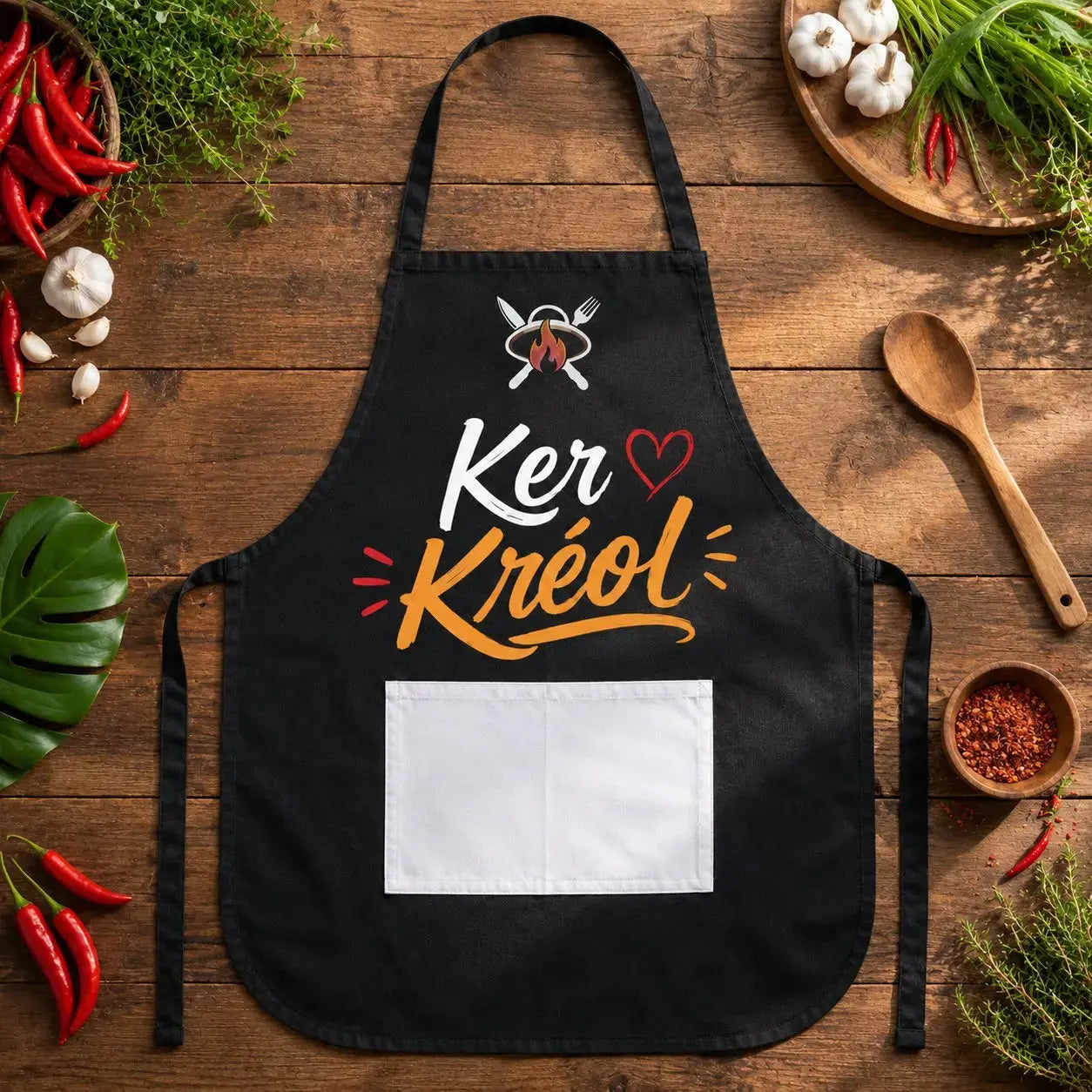 Tablier NDC — Kèr Kréol noir - flat lay cuisine créole