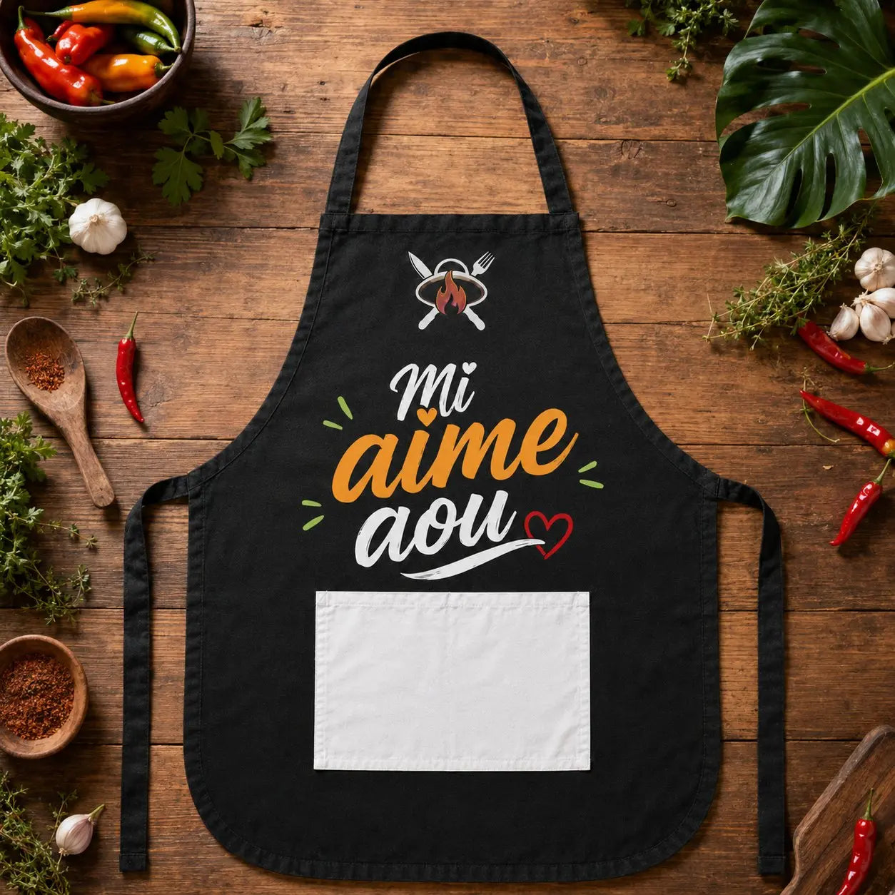 Tablier NDC — Mi aime aou noir - flat lay cuisine créole