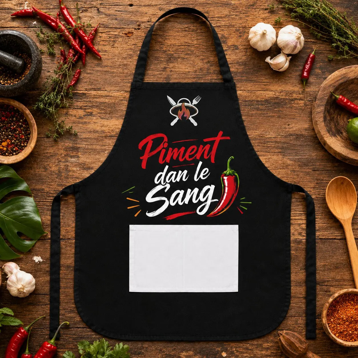 Tablier NDC — Piment dan le sang noir - flat lay cuisine créole